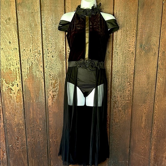 Weissman Black Velvet Leotard Dance Halloween Costume Attached Panel Skirt Large - Picture 3 of 15